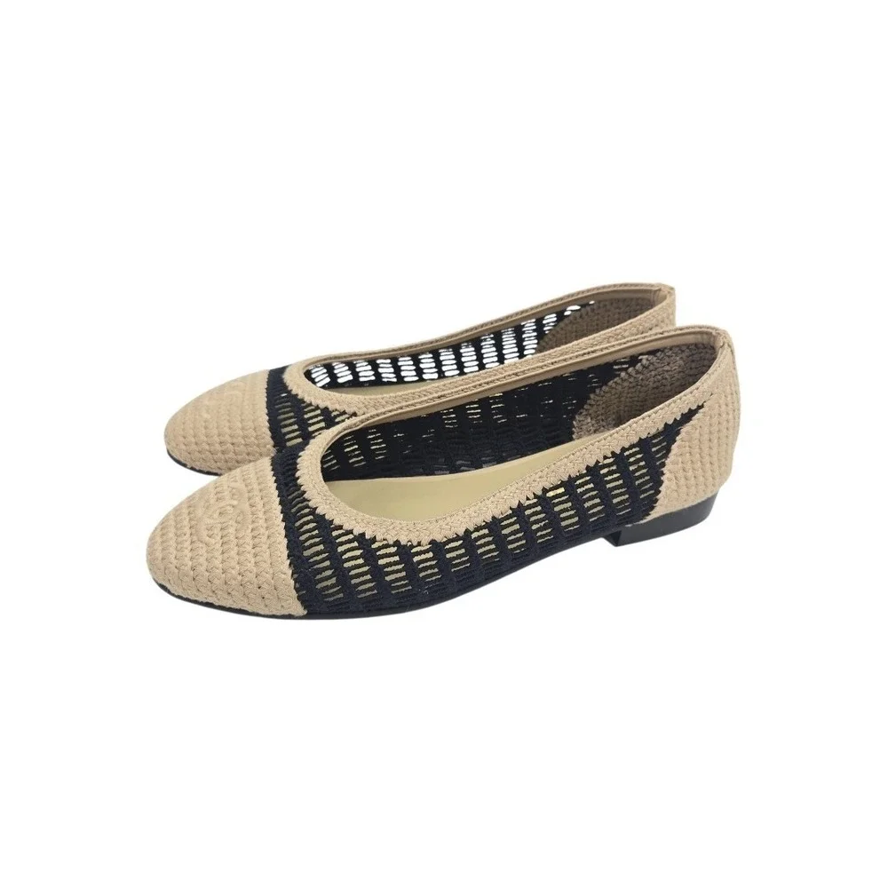 Chanel Ballet Flats Women's Size 41 / US 10 Raffia Mesh Cap Toe Beige Black